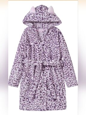Amazon Lavender Hooded Plush Robe with Leopard Print